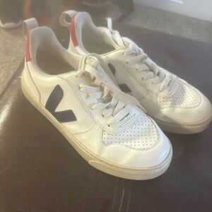 Veja White Leather Sneakers with Black V and Red Heel Tab